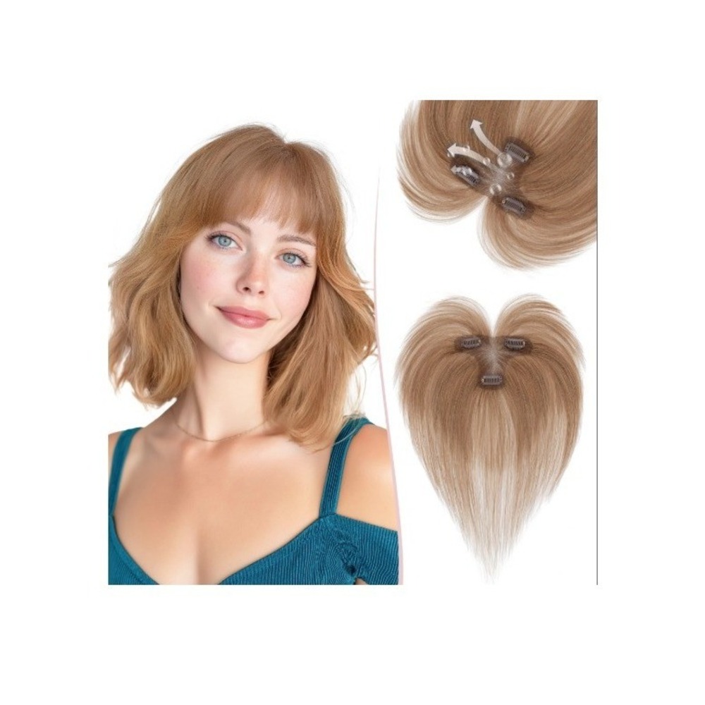 SEGO Human Hair Topper with Wispy Bangs Light Brown Hand-Tied Base 10-11 Inch